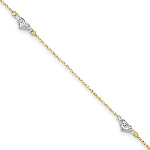 14k Two-tone Polished D/C Triple Hearts 9in w/1in. Ext. Anklet