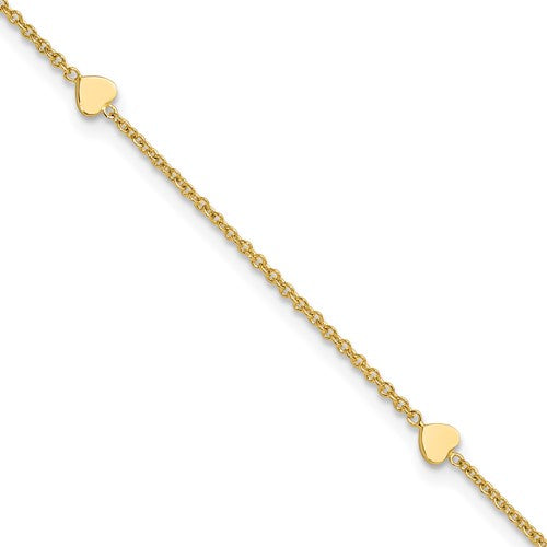 14K Polished Hearts 10in Plus 1in ext. Anklet