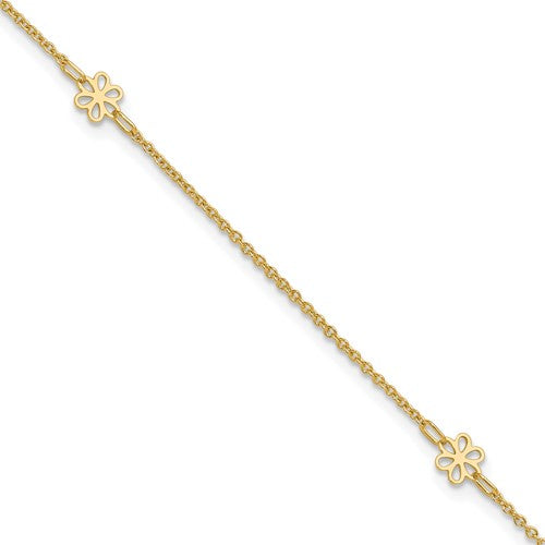 14K Polished Flowers 10in Plus 1in ext. Anklet
