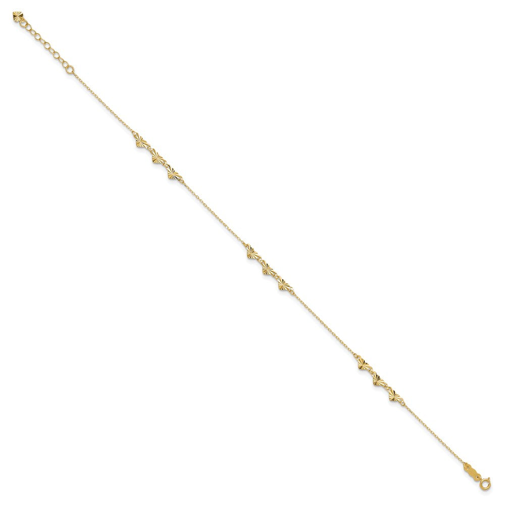 14K Diamond-cut Hearts 9in Plus 1in ext  Anklet