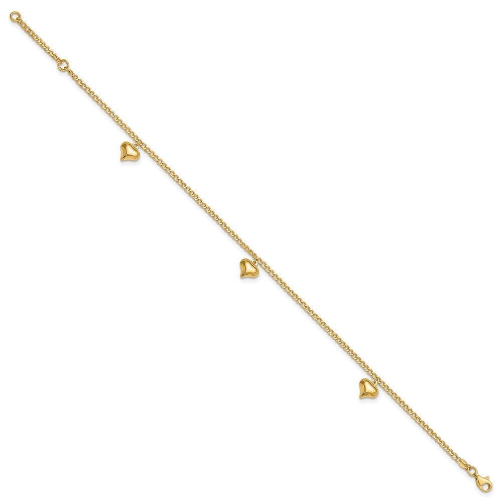 14K Polished 3 Puffed Heart 9in Plus 1in ext  Anklet