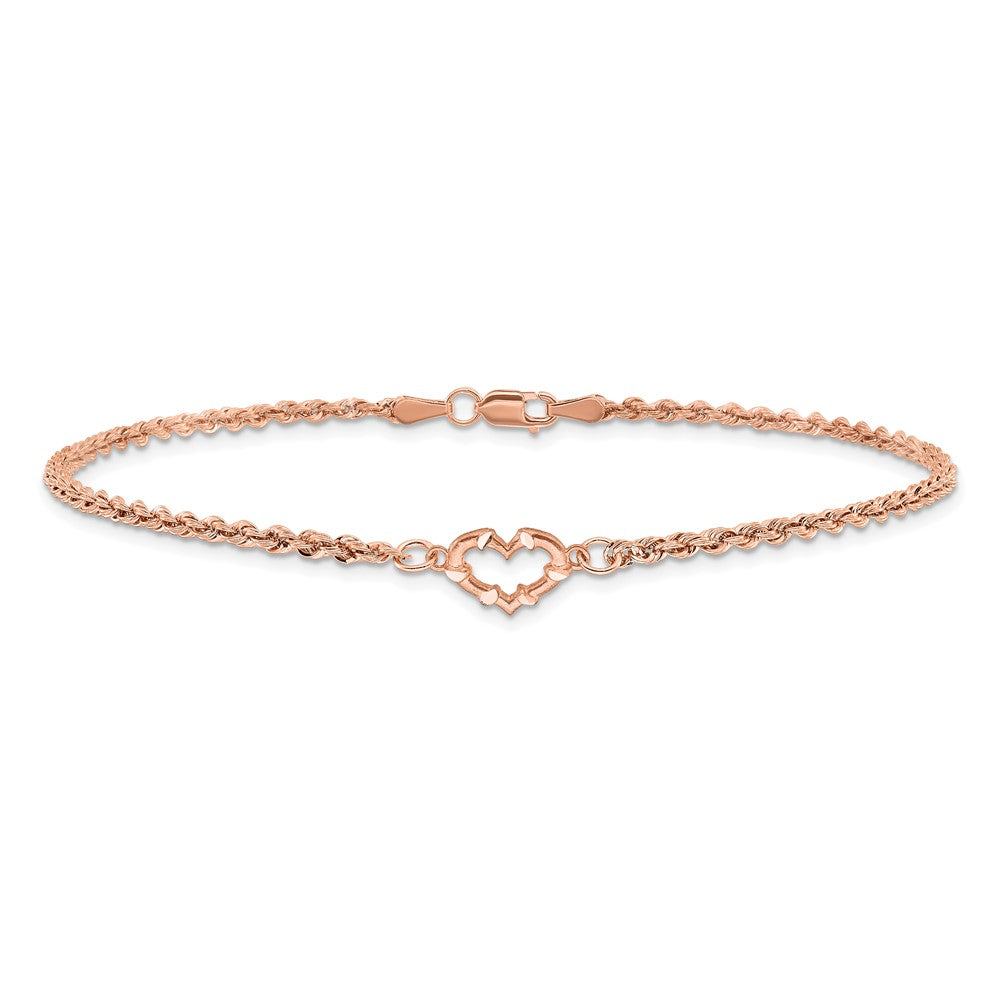 14k Rose Gold Diamond-cut Rope with Heart 10in Anklet
