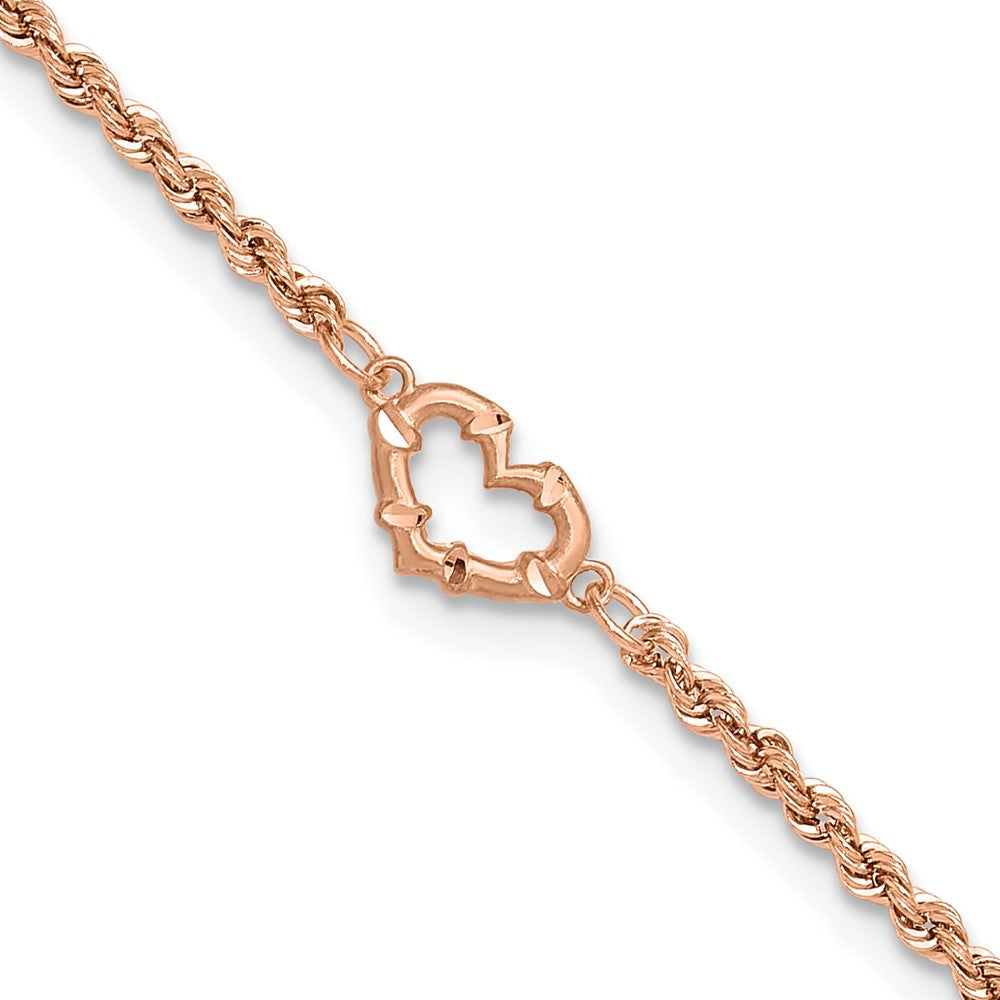 14k Rose Gold Diamond-cut Rope with Heart 11in Anklet
