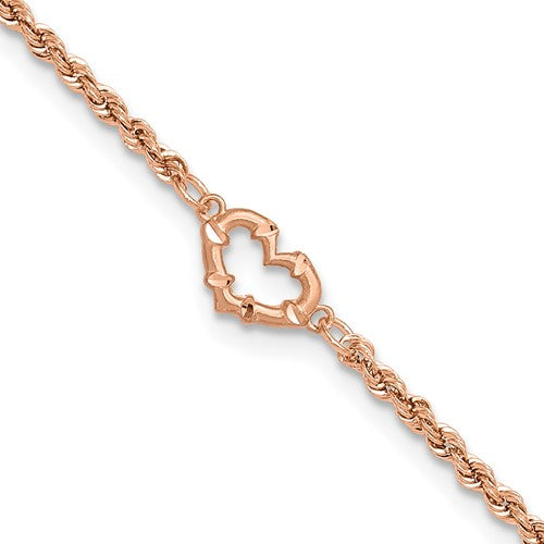 14k Rose Gold Diamond-cut Rope with Heart 10in Anklet