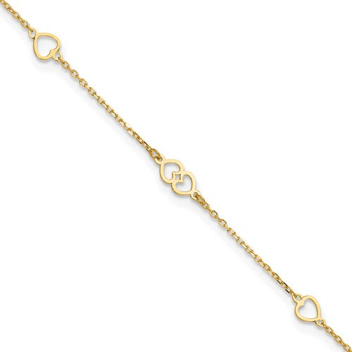 14K Polished Hearts 9in Plus 1 in ext. Anklet