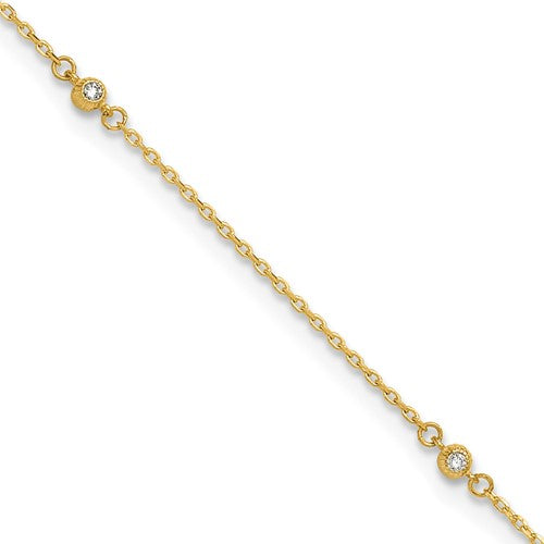 14K Polished CZ 5 Station 9in with 1 in ext. Anklet