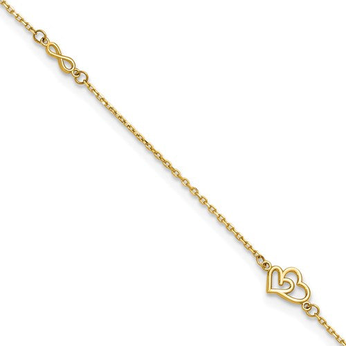 14k Polished Hearts and Infinity 9in Plus 1in ext. Anklet