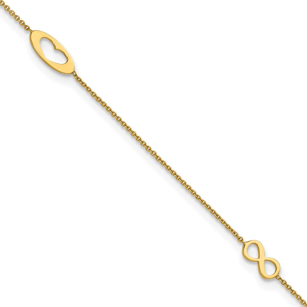 14k Polished Infinity and Heart 9in Plus 1in ext Anklet