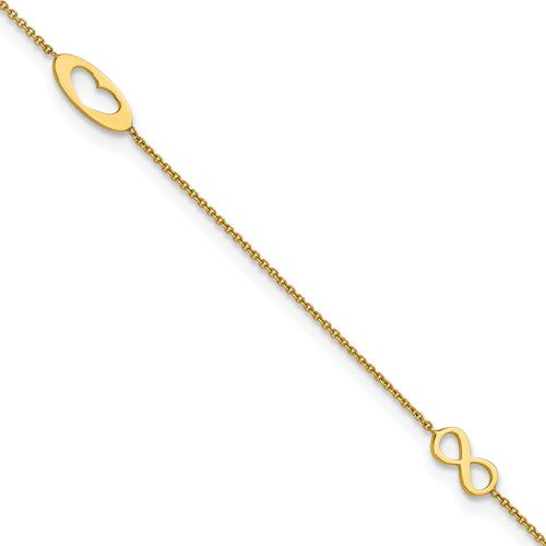 14k Polished Infinity and Heart 9in Plus 1in ext Anklet