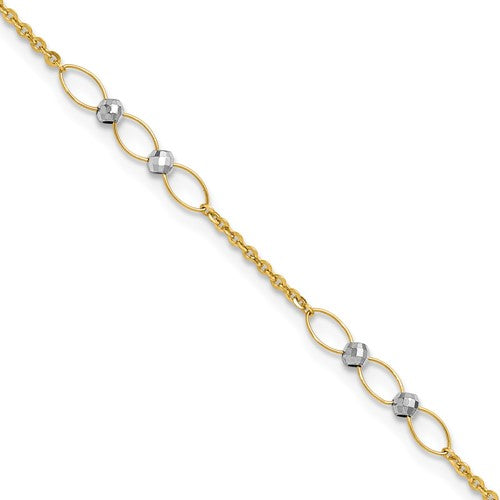 14k Two-tone Polished Oval Link Beads 9in Plus 1in ext. Anklet