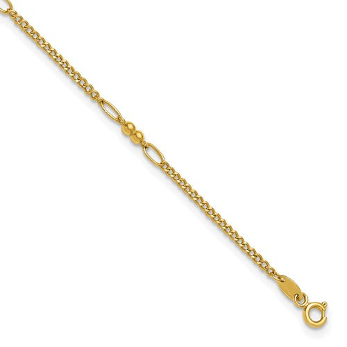 14K Polished Beaded Mixed Link 10in Anklet