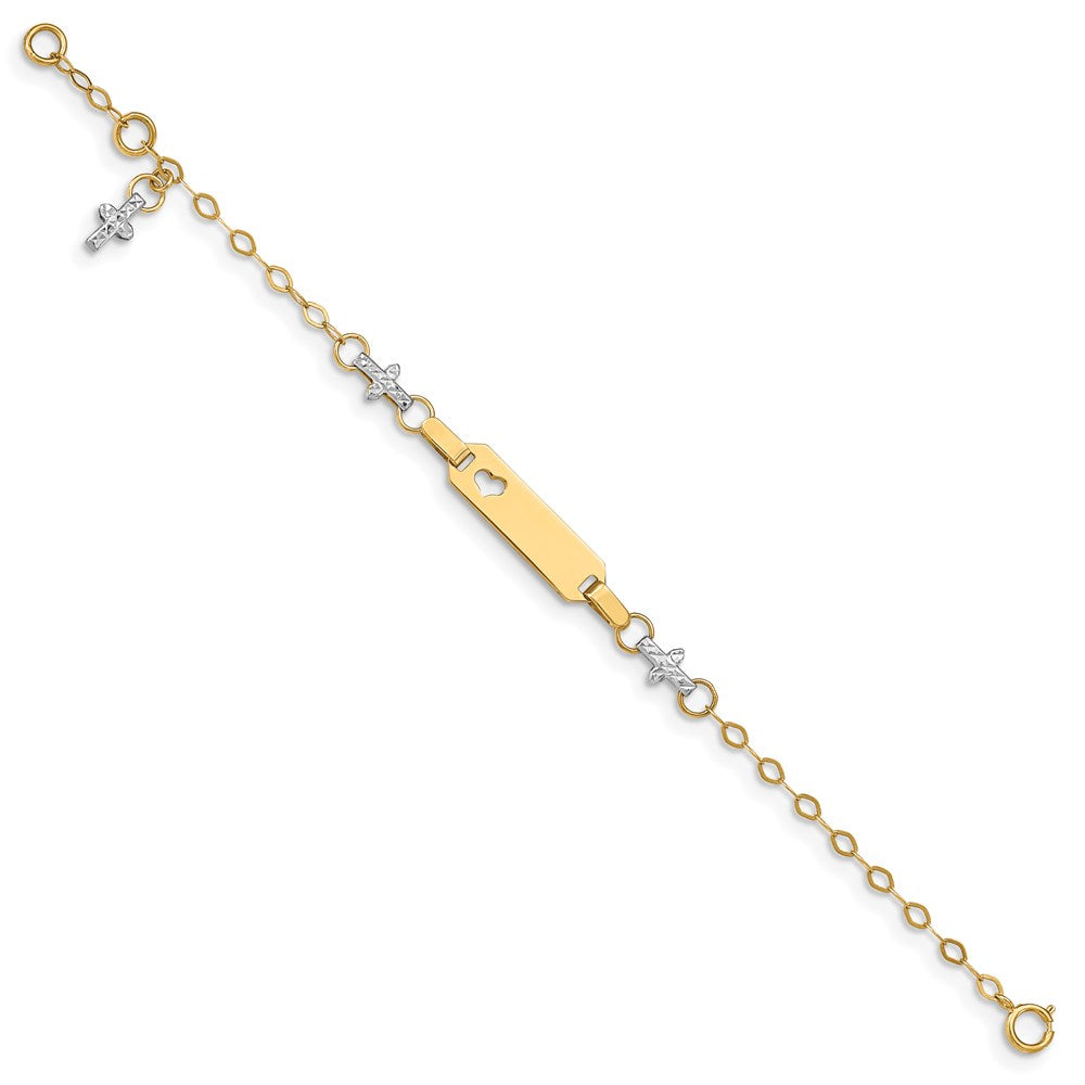 14K Two-tone Baby Polished and Textured Cross w/1in ext. ID Bracelet