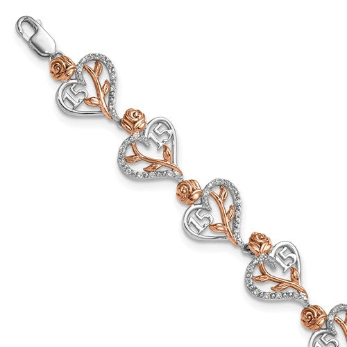 14K White and Rose Gold Diamond Quinceanera Heart Bracelet