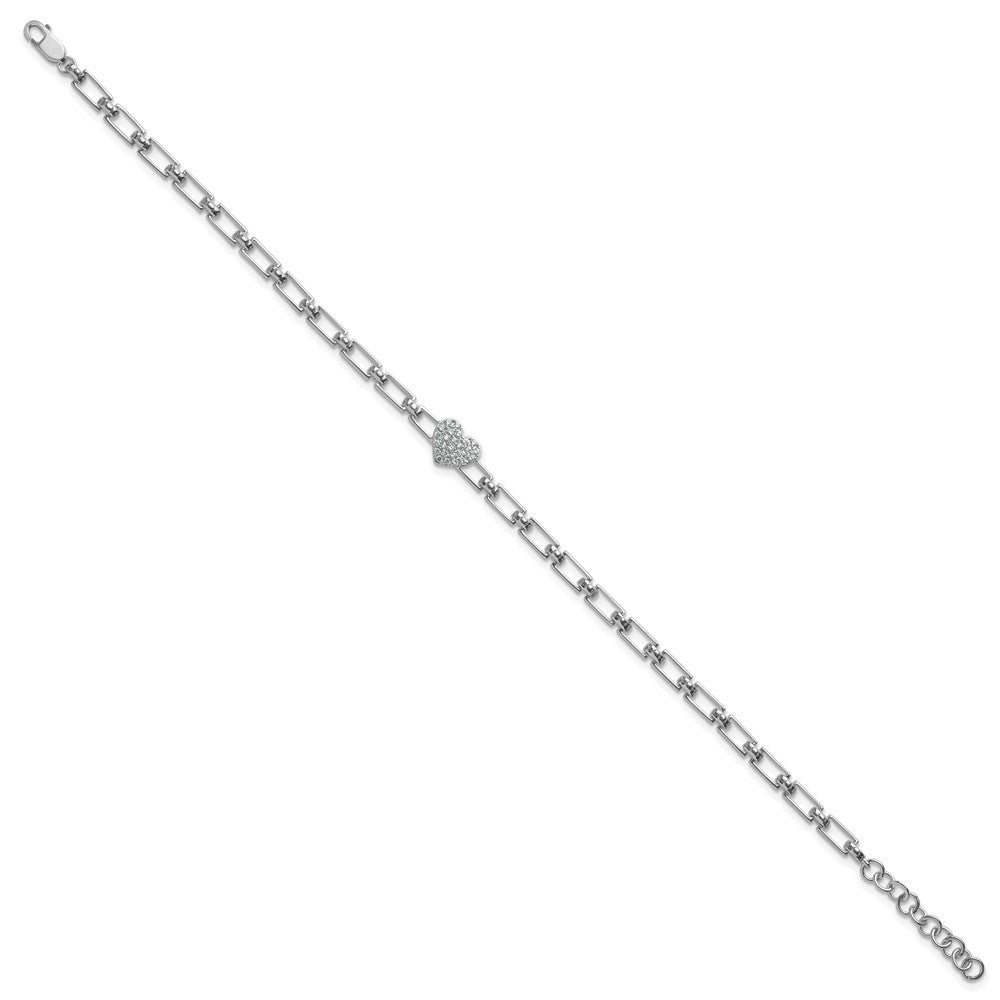 14K White Gold Polished Diamond Heart Cluster Fancy Link with 1in ext. Brac