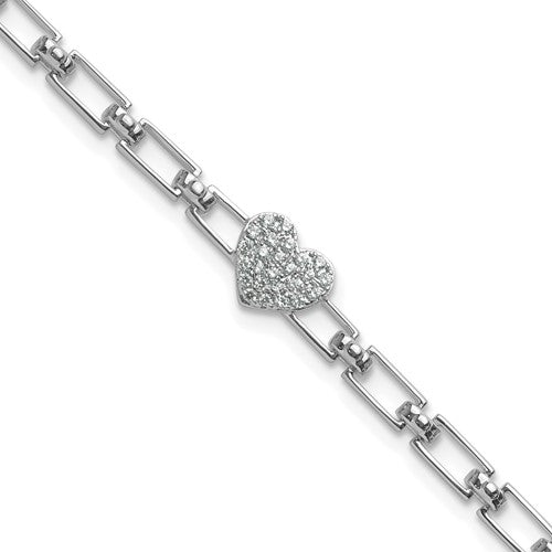 14K White Gold Polished Diamond Heart Cluster Fancy Link with 1in ext. Brac