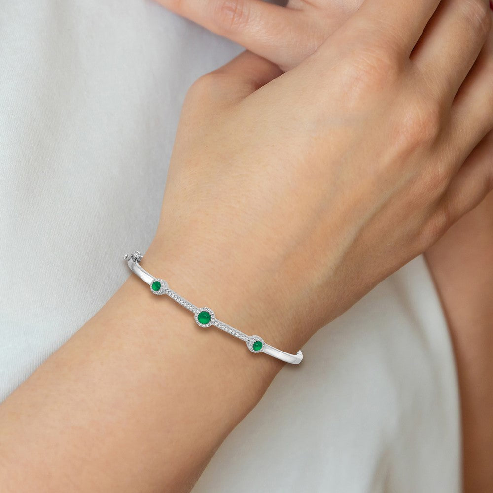14k White Gold Diamond and Cabochon Emerald Bangle