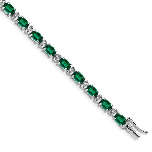 14k White Gold Oval Created Emerald and Diamond Bracelet