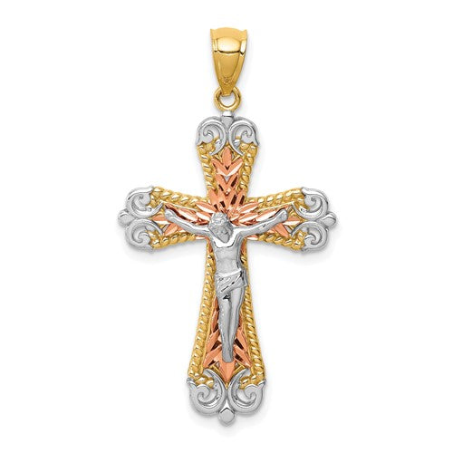 14K Tri-Color D/C w/White Rhodium Crucifix Pendant