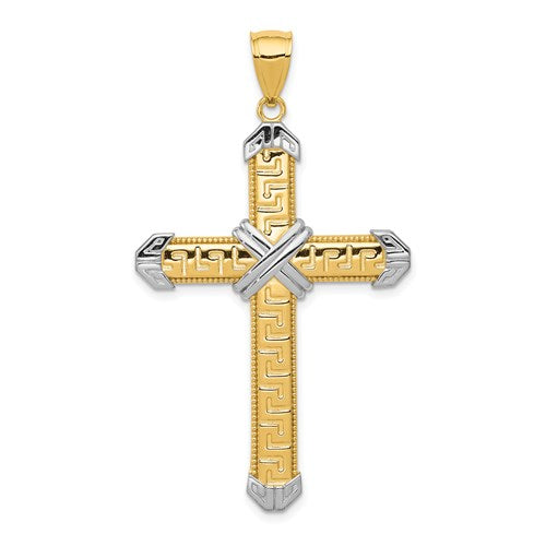 14K And Rhodium Greek Key Cross Pendant