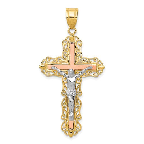 14K Tri-color Diamond-cut Crucifix Pendant