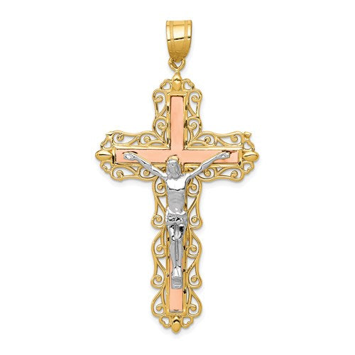14K Tri-color Diamond-cut Crucifix Pendant