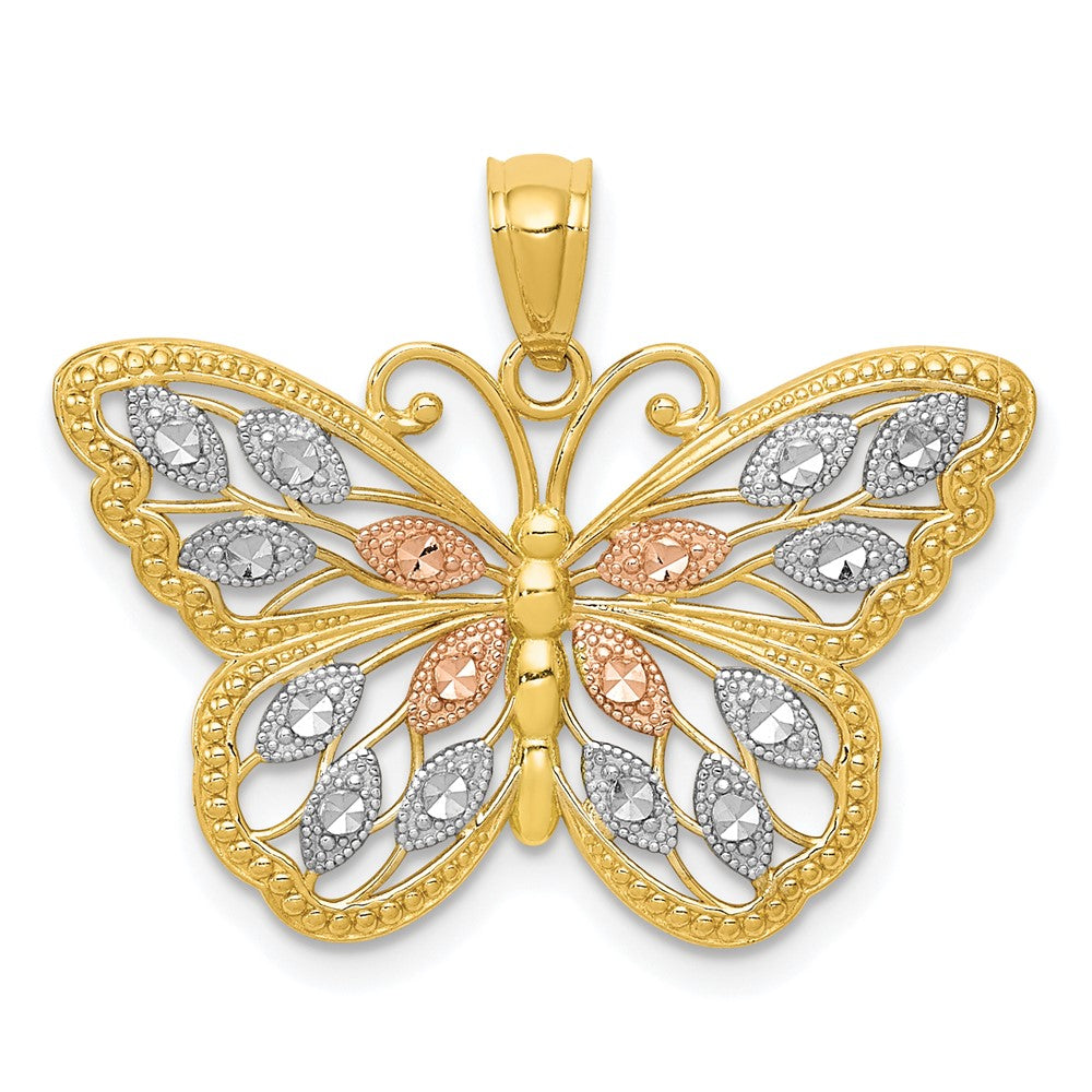 14k w/White and Rose Rhodium Diamond-cut Butterfly Pendant