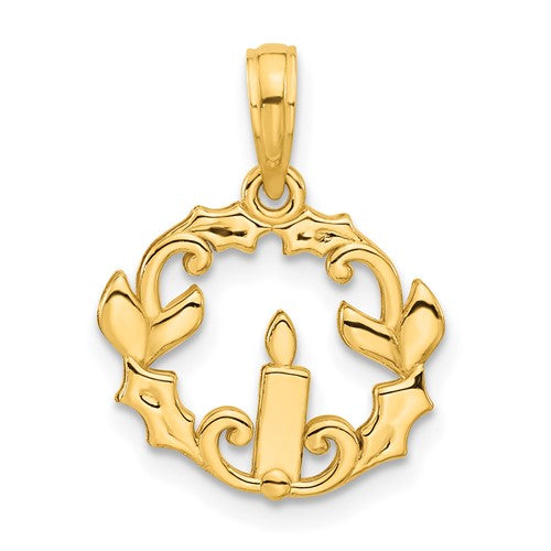 14k Polished Candle with Holly Circle Pendant