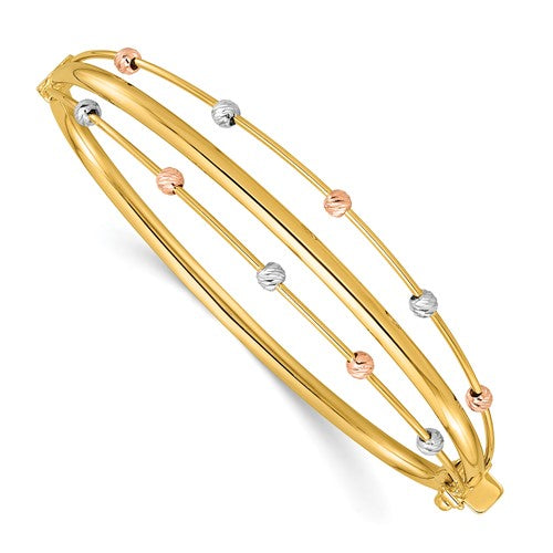 14k Tri-color Polished 3 Row D/C Bead Hinged Bangle Bracelet