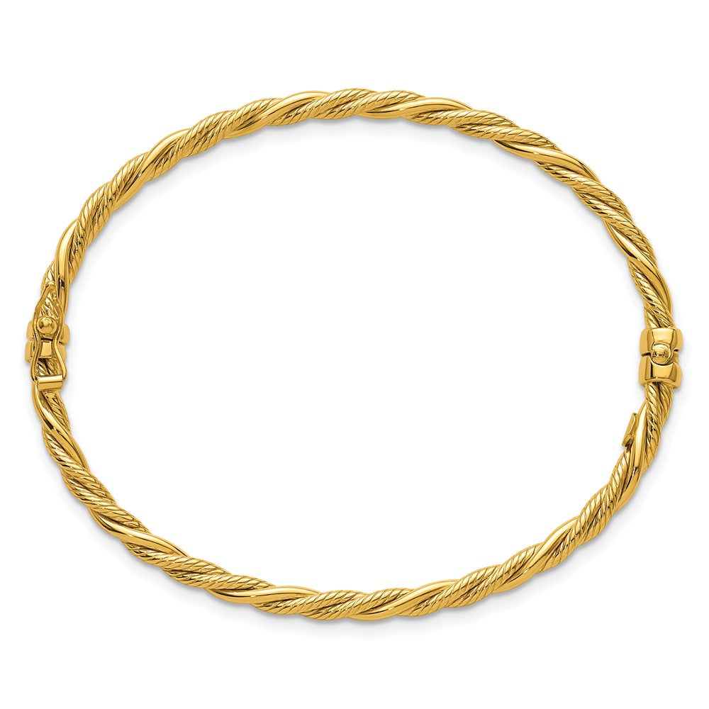 14K Polished and Textured Twisted Hinged Bangle