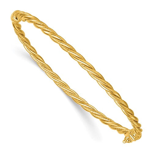 14K Polished and Textured Twisted Hinged Bangle