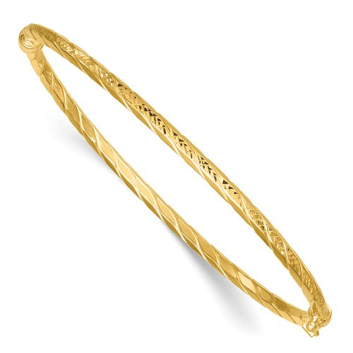 14k Polished and Diamond-cut Twisted Hinged Bangle