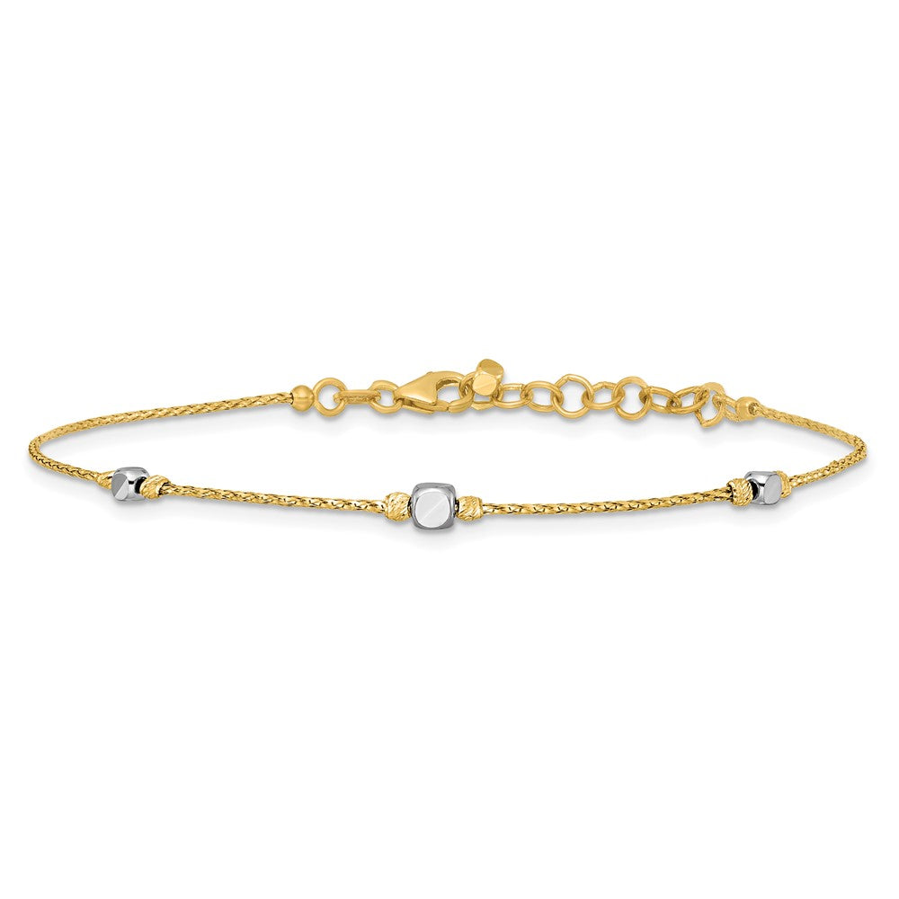 14K Two-Tone Polished Diamond-cut Beaded 7in w/1in ext. Bracelet