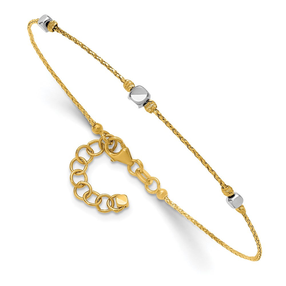 14K Two-Tone Polished Diamond-cut Beaded 7in w/1in ext. Bracelet