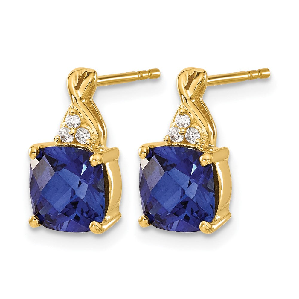 10k Checkerboard Created Sapphire and Diamond Earrings