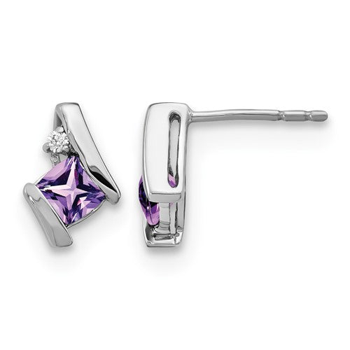 10k White Gold Cushion Amethyst and Diamond Earrings