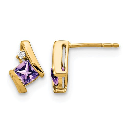 10k Yellow Gold Cushion Amethyst and Diamond Earrings