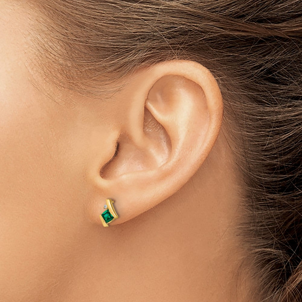 10k Yellow Gold Cushion Cr. Emerald and Diamond Earrings