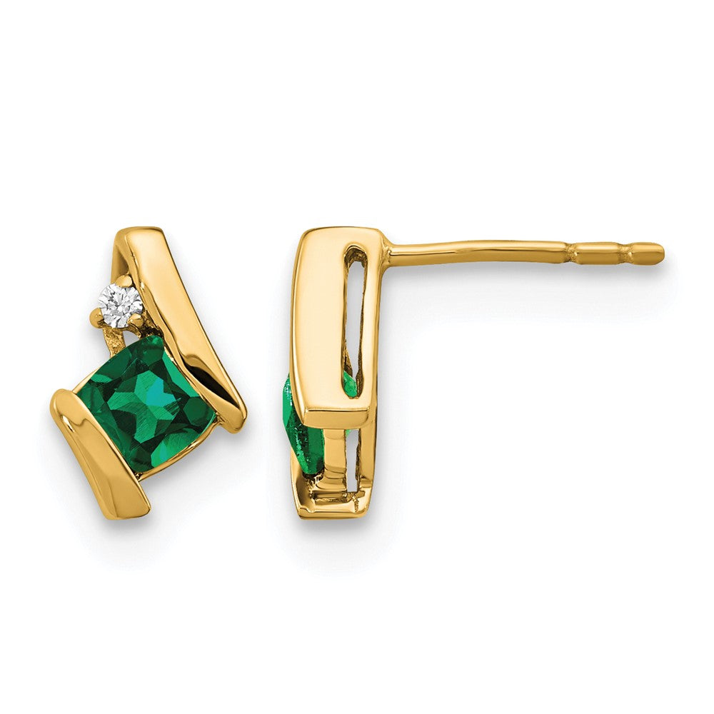 10k Yellow Gold Cushion Cr. Emerald and Diamond Earrings