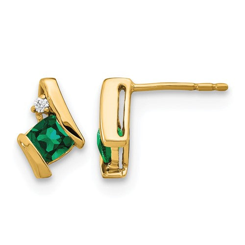 10k Yellow Gold Cushion Cr. Emerald and Diamond Earrings