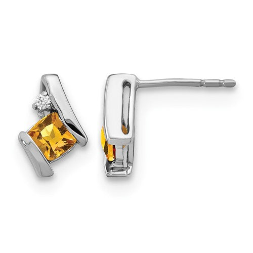 10k White Gold Cushion Citrine and Diamond Earrings