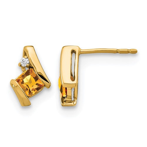 10k Yellow Gold Cushion Citrine and Diamond Earrings