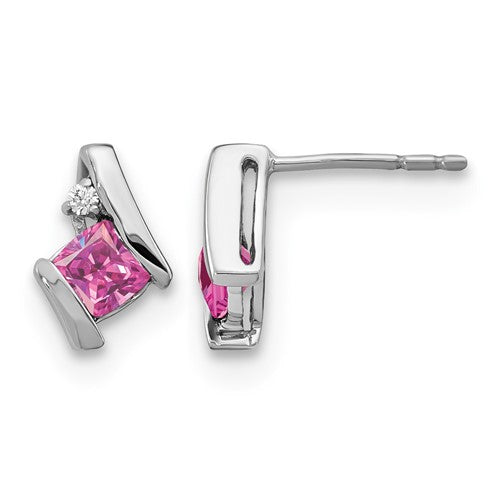 10k White Gold Cushion Cr. Pink Sapphire and Diamond Earrings