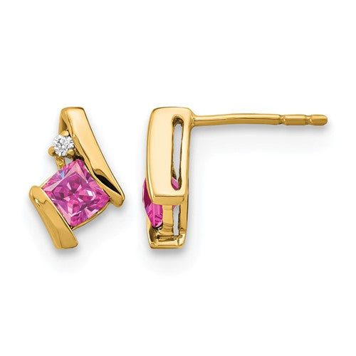 10k Yellow Gold Cushion Cr. Pink Sapphire and Diamond Earrings