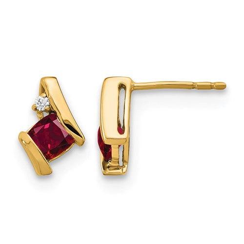 10k Yellow Gold Cushion Cr. Ruby and Diamond Earrings