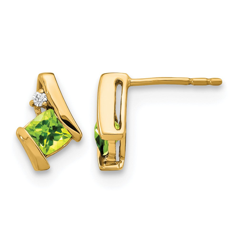 10k Yellow Gold Cushion Peridot and Diamond Earrings
