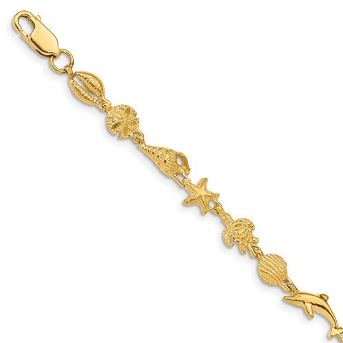 14K Gold Polished and Textured Sea Life Bracelet