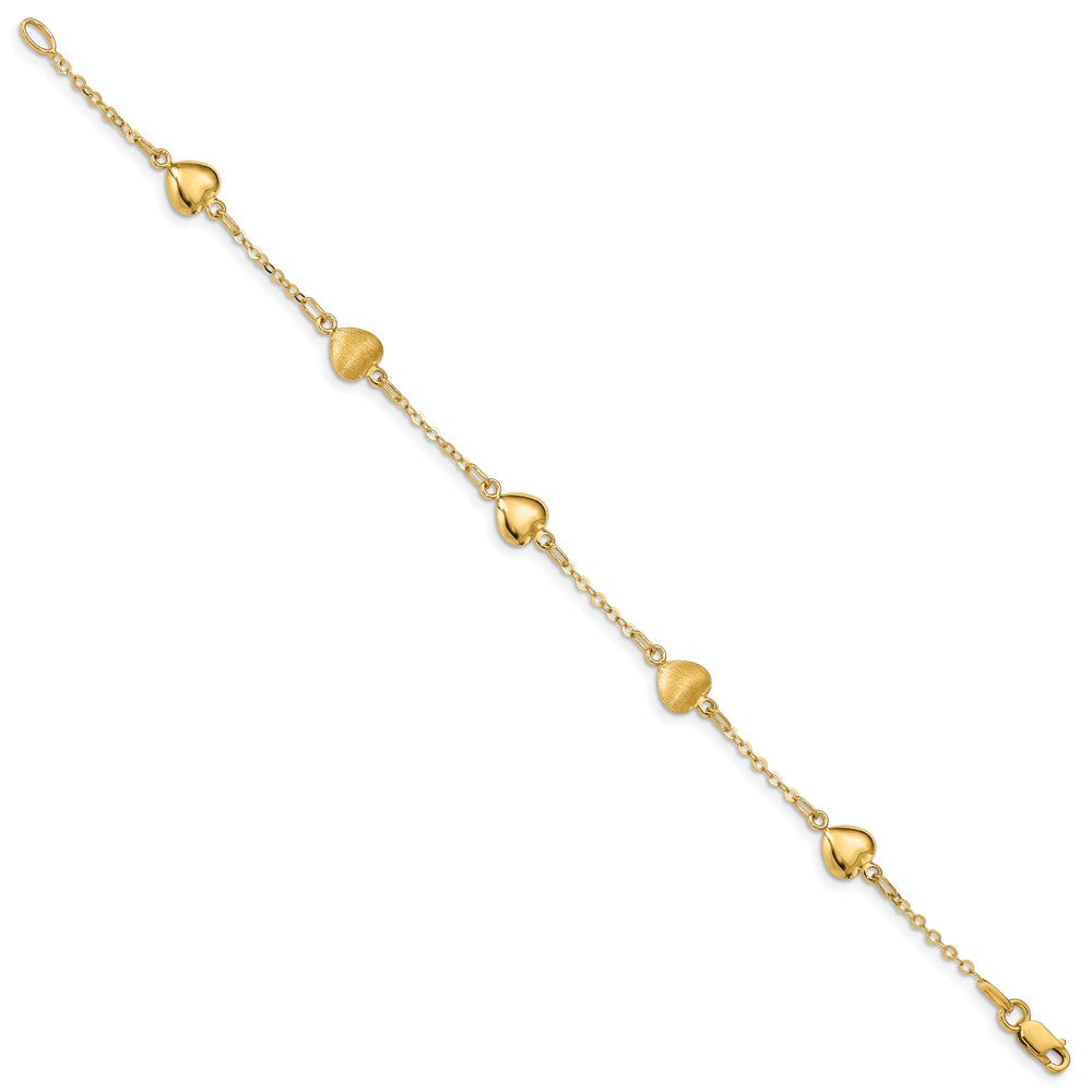14K Brushed & Polished Hearts 7 inch Bracelet