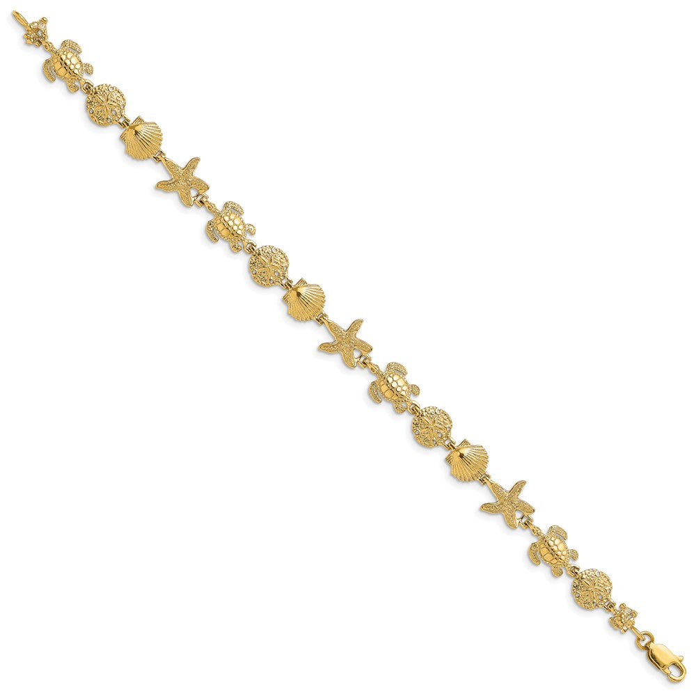 14K Polished Turtle, Sand Dollar, Shell and Starfish Link Bracelet