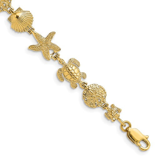 14K Polished Turtle, Sand Dollar, Shell and Starfish Link Bracelet