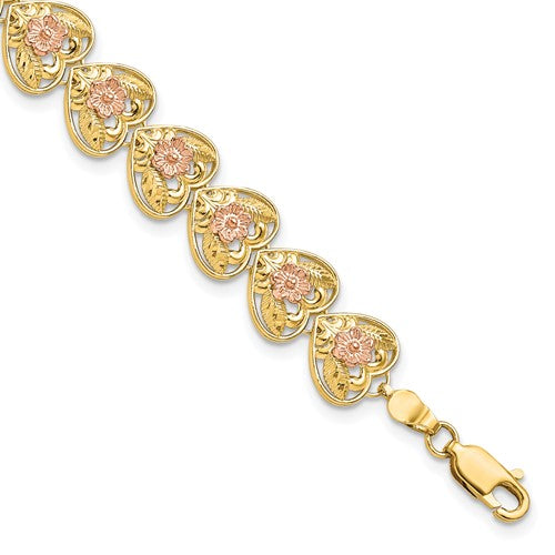 14k Two-tone D/C Heart w/Flowers 7.25in Bracelet